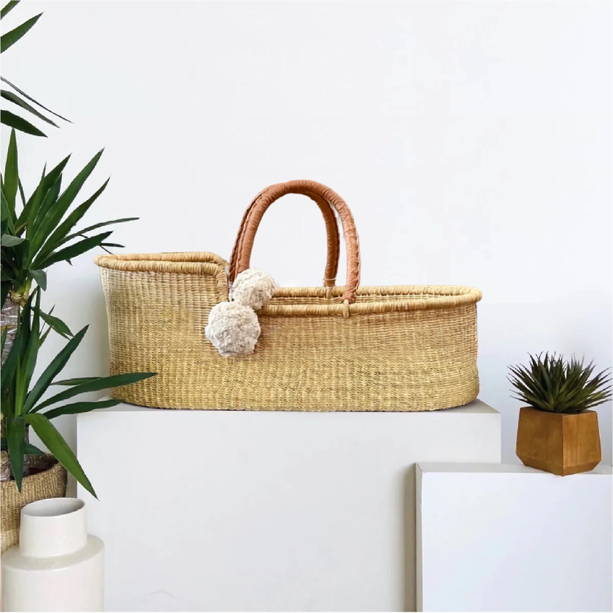 Camel Vegan Leather Handle Moses Basket
