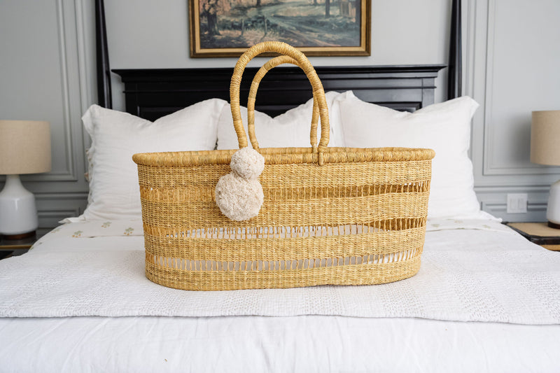 Natural Modern Open Weave<br> African Moses Basket <br>No Hood<br> Vegan Handle