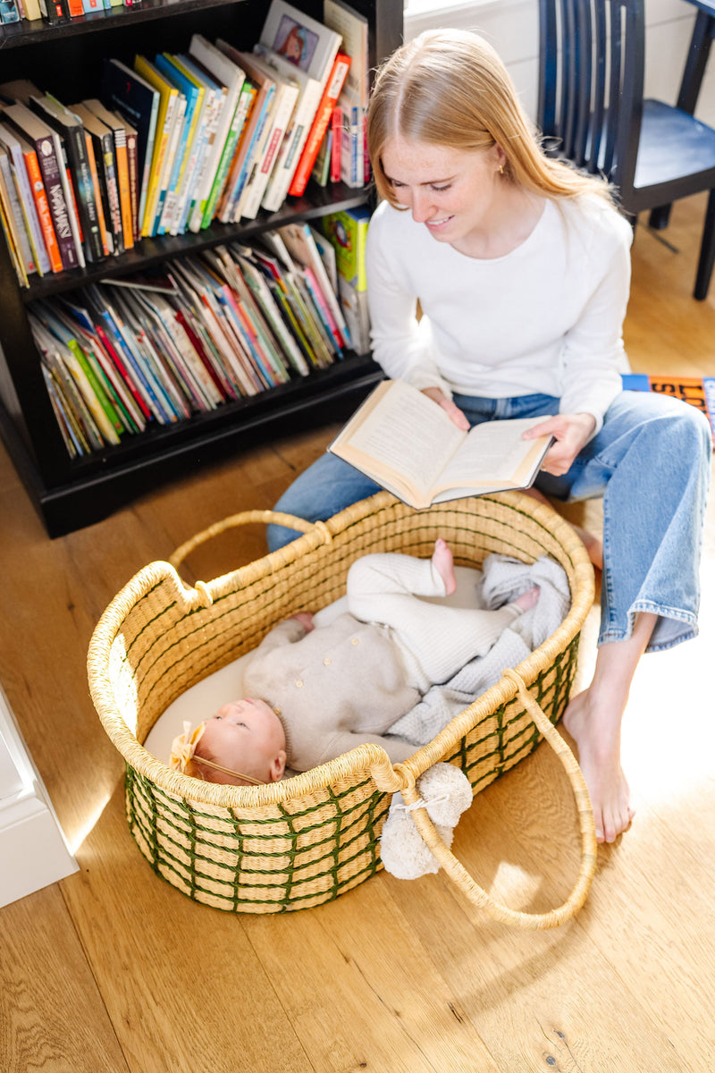 Moss Green Grid<br> African Moses Basket<br>Vegan Handle