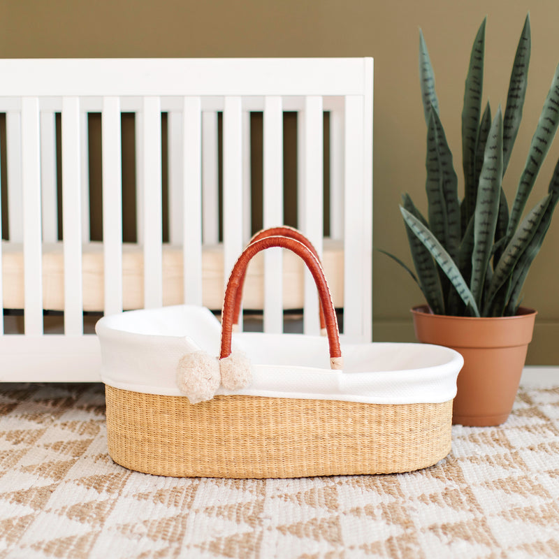 Natural<br> African Moses Basket <br> Cognac + Cream Handle