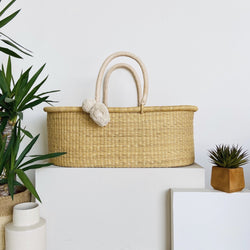 Natural<br> African Moses Basket<br> No Hood<br> Cream Handle